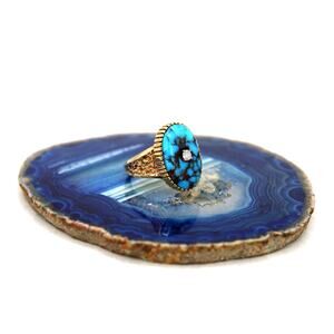 Ervin Hoskie Signed 14kt Gold Turquoise with Diamond Center Ring